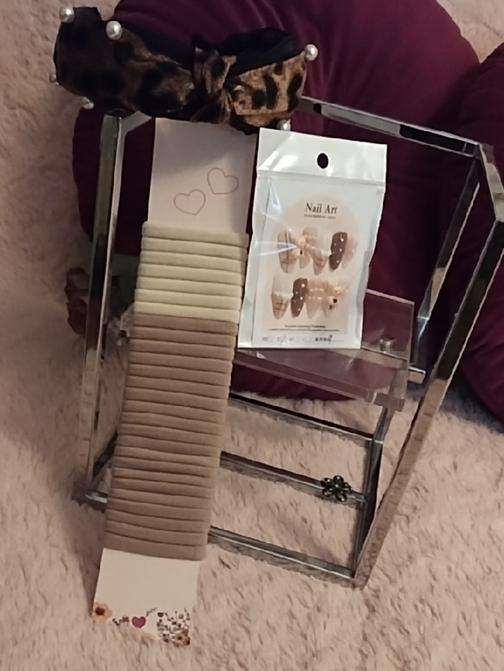 Self Care Bundle 🌻 Leopard Pearl Headband w/Hair Ties & Nail Art 🌻NWT